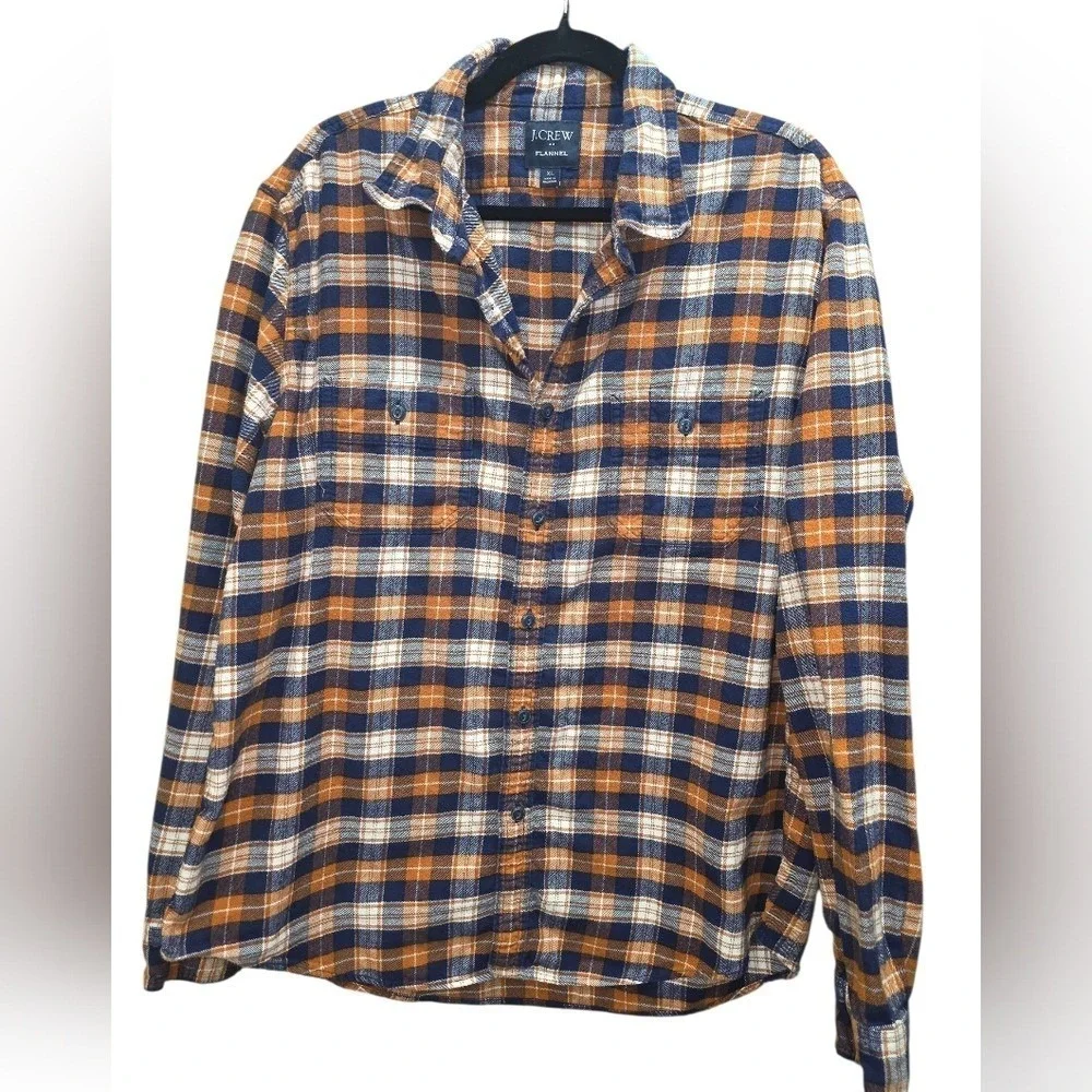 J.‎ Crew Men's XL Plaid Flannel Shirt Navy Rust Orange 100% Cotton Lumberjack